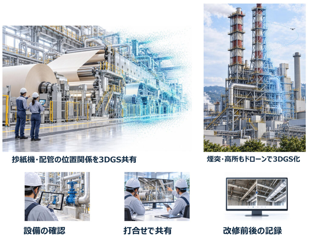 製紙工場の3D化とドローン撮影の活用イメージ